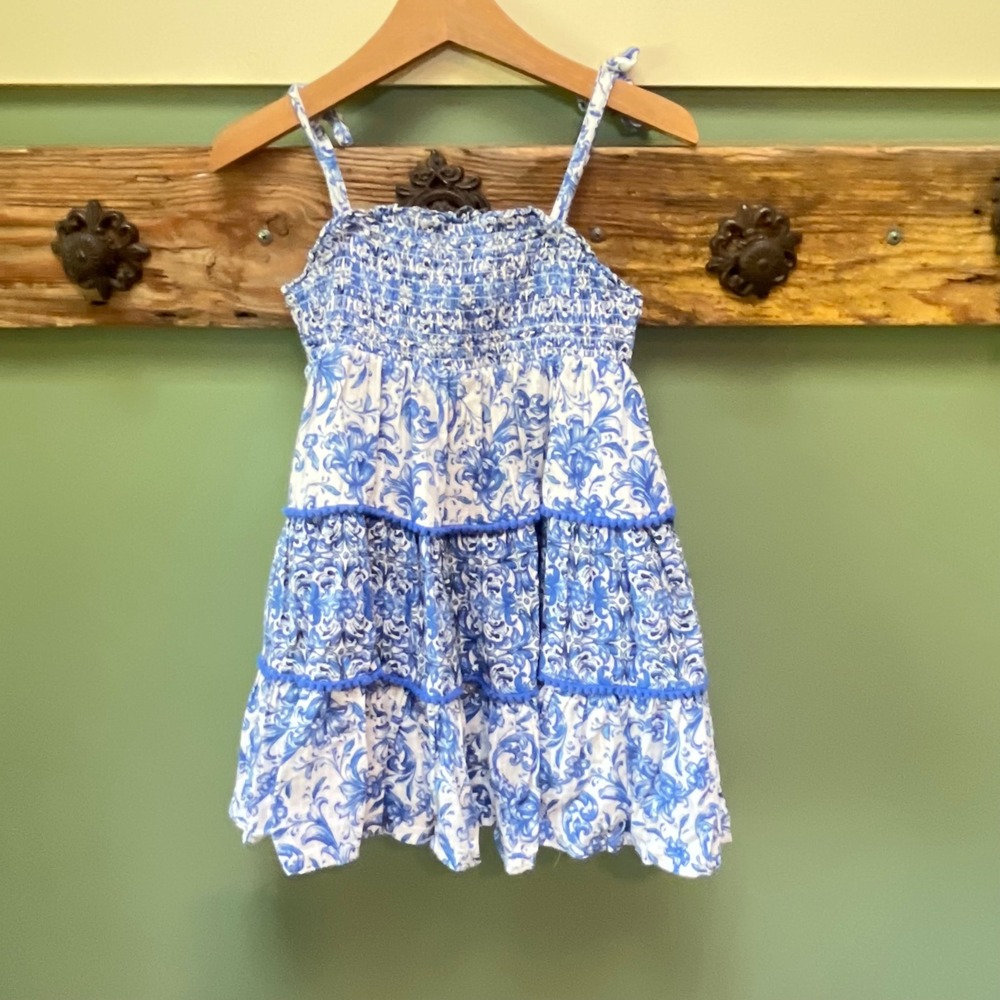 Haute Hippie Kids Blue White Floral Damask Smocked Tiered Sundress Size 6